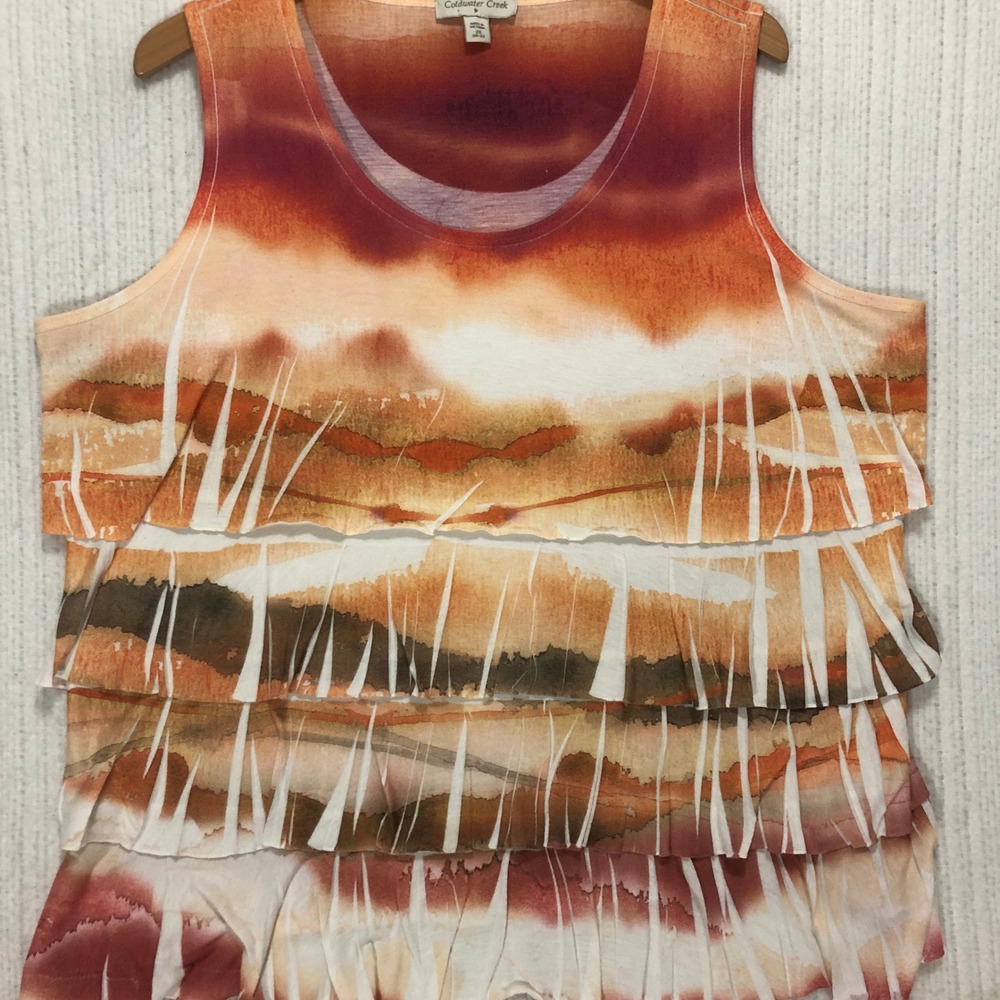 Coldwater Creek Womens 2X Tiered Ruffle Watercolor Landscape Tank Top Orange